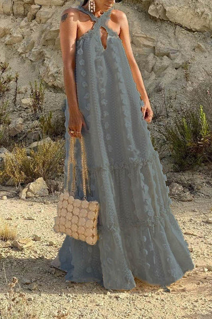 Maxikleid mit 3D-Blumenmuster und überkreuztem Neckholder