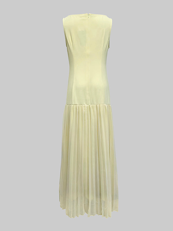 Sleeveless Gauze Pleated Solid Color Split-Joint Boat Neck Evening Dresses Maxi Dresses - Seldom Seen Styles