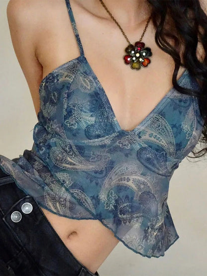 Women's Blue Mesh Cami Top Floral Ruffle Sheer Spaghetti Strap Tank Top