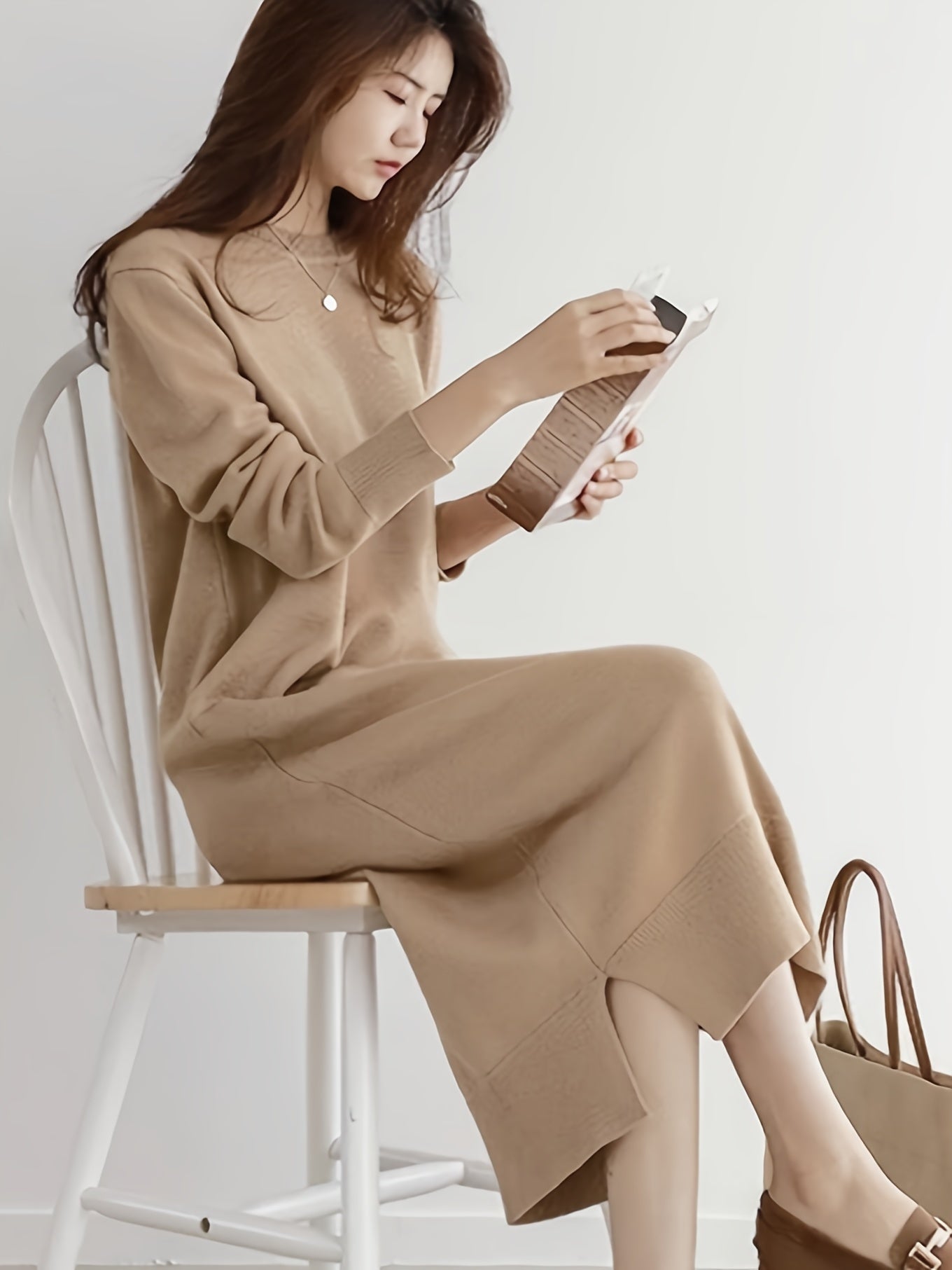 Solid Color Crew Neck Knitted Dress, Elegant Long Sleeve Loose Fit Split Hem Dress For Fall & Winter, Women's Clothing