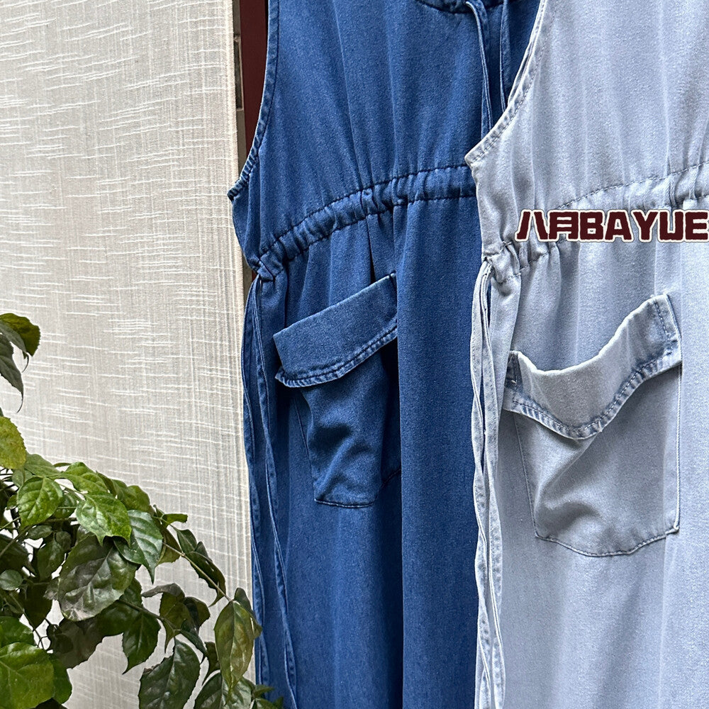 Women's Denim Sleeveless Drawstring Waist Midi Dress with Pockets Light Blue Dark Blue Casual Jean Dress - Seldom Seen Styles