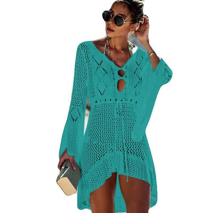 Hollow-out Sun Protection Shirt Bell Sleeve Beach Cover-up Bikini Cover  Hot Knitwear Swimsuit