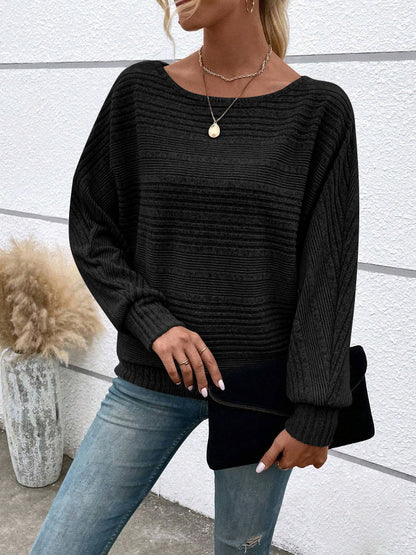 Women's Plain Round Neck Batwing Sleeve Tee, Casual Long Sleeve Crew Neck T-shirt for Fall & Winter, Fashion Aesthetic Ladies' Knit Clothing for Daily Wear
