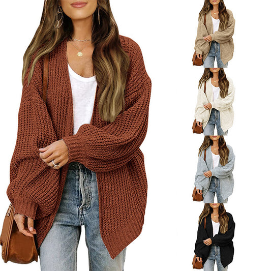 Amazon Foreign Trade Women's Clothing2023Autumn and Winter New Lantern Sleeve Sweater Women's Coat Coarse Yarn Pocket Knitted Cardigan