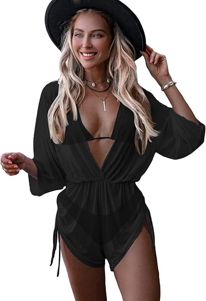 Women's 3 Piece Swimsuit Plain Sexy Drawstring Side Halter Triangle Bikini Set with Cover Up - Seldom Seen Styles