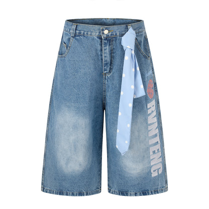 Women's I Love RVNTENG Letter Print Polka Dot Tie Wide Leg Denim Shorts High Waist Casual Streetwear Jean Shorts