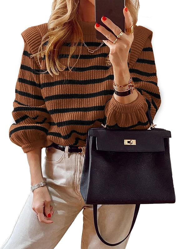 PRETTYGARDEN Women Sweaters Casual Long Lantern Sleeve Crewneck Ribbed Knit Pullover Striped Jumper Tops Blouse