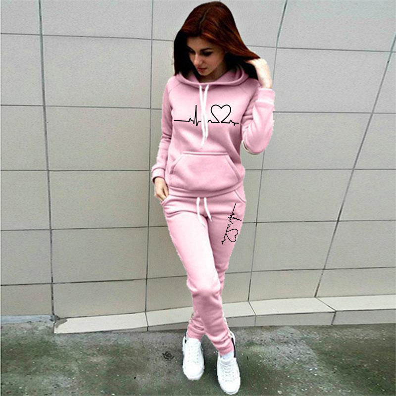 Two-Piece Set Women's Heart Print Raglan Sleeve Hoodie & Drawstring Waist Sweatpants Set, Casual Long Sleeve Hooded Pullover & Pocket Jogger Pants, Women's Fall & Winter Clothes, Holiday Outfits, Soft Clothes - Seldom Seen Styles