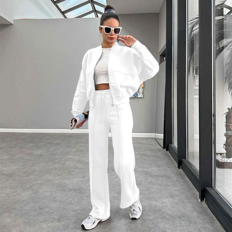 Women's Solid Zip Up Crop Jacket & Drawstring Waist Pants Two-piece Set, Casual Fashion Drop Shoulder Long Sleeve Top & High Waist Trousers Womenswear Suits for Outdoor Wear, Women's Clothing for Spring & Fall 90s Clothes - Seldom Seen Styles