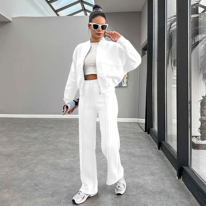 Women's Solid Zip Up Crop Jacket & Drawstring Waist Pants Two-piece Set, Casual Fashion Drop Shoulder Long Sleeve Top & High Waist Trousers Womenswear Suits for Outdoor Wear, Women's Clothing for Spring & Fall 90s Clothes