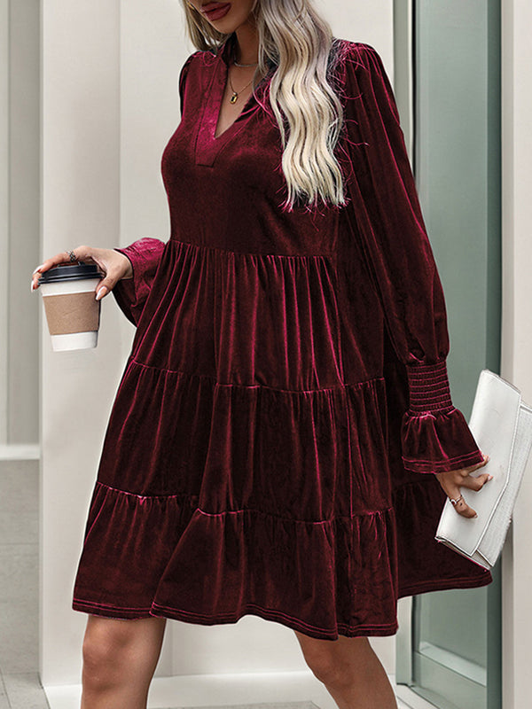 A-Line Long Sleeves Pleated Solid Color Velvet V-Neck Mini Dresses - Seldom Seen Styles
