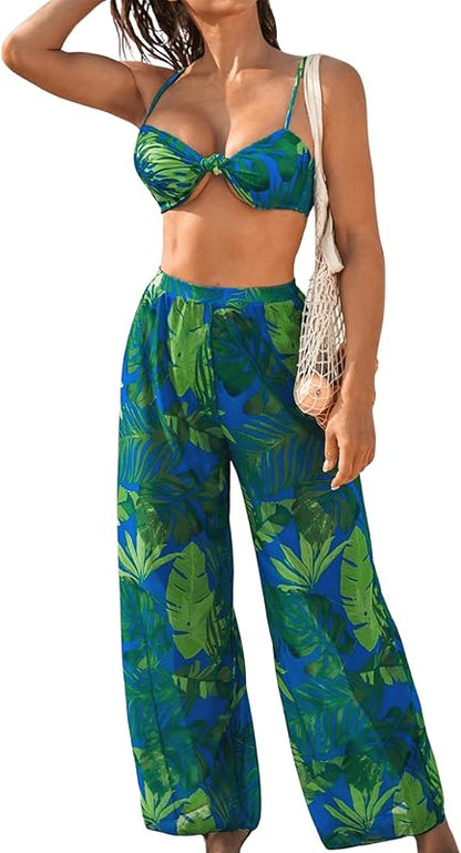 Women's 3 Piece Set Tropical Print High Cut Wrap Front Bikini Swimsuit - Seldom Seen Styles