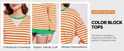 【Up To 3XL】Fisace Christmas Womenswear Striped Oversized Sweatshirt Color Block Crew Neck Long Sleeve Shirt Casual Loose Pullover Top Y2K Clothes back to school