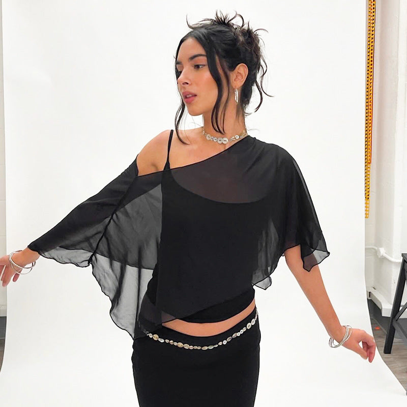 Women's Solid Color Sheer Mesh Crop Top ＆ Cami Top, Fashion Casual Camisole for Daily Outdoor Wear, Ladies Clothes for Summer - Seldom Seen Styles