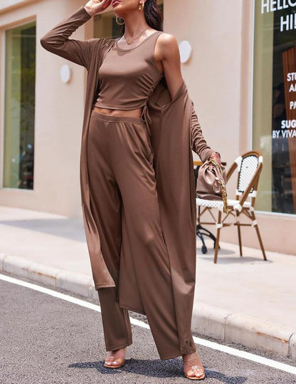 Cozy New  Women's 3 Piece Knit Lounge Set Long Sleeve Cardigan Sleeveless Top Pants Sweatsuit S-XXL