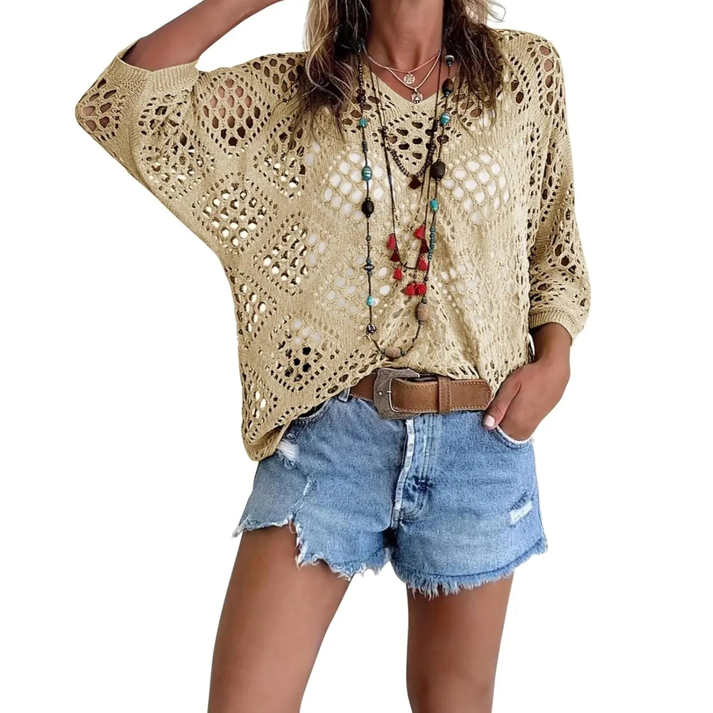 Fisoew Women's Bohemian-Inspired Beige Crochet Top with V-Neck #Springtok #TikTokShopJumpstartSale Casual Chic - Seldom Seen Styles