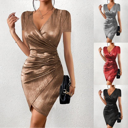 Amazon European and American Fashion2024Spring Sexy Hip-Wrapped Fashion V Collar Slit Solid Color Dress Women