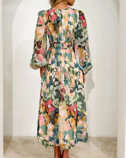 Women's Elegant Floral Maxi Dress - Boho Long Flowy Summer Dress with V-Neck, Lonesleeve Beach Wedding Guest Sundress for Women