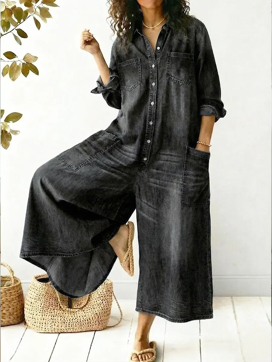 Women's Cotton Casual Jumpsuit Loose Fit Ankle Length Patch Pocket Summer Lounge Outfit - Seldom Seen Styles