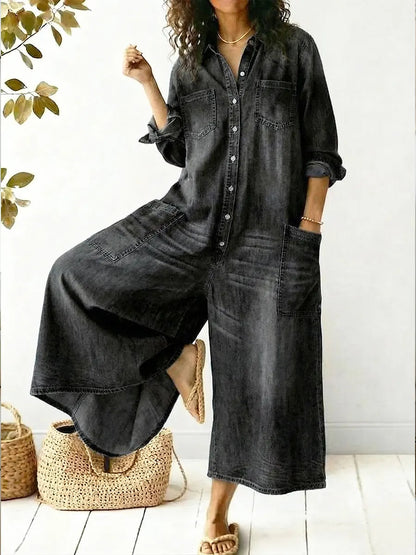 Women's Cotton Casual Jumpsuit Loose Fit Ankle Length Patch Pocket Summer Lounge Outfit