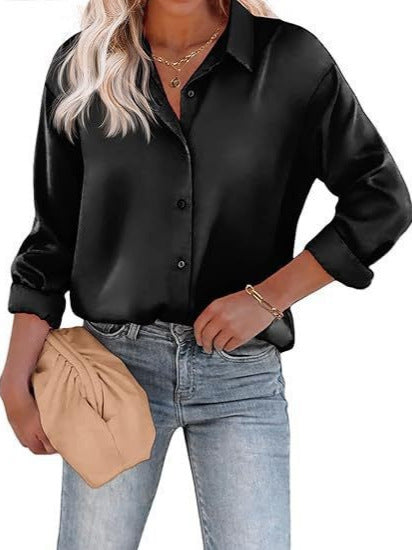 Women's Blouse Satin Shirts Button Down Shirts Casual Loose Long Sleeve Office Work Tunic Tops