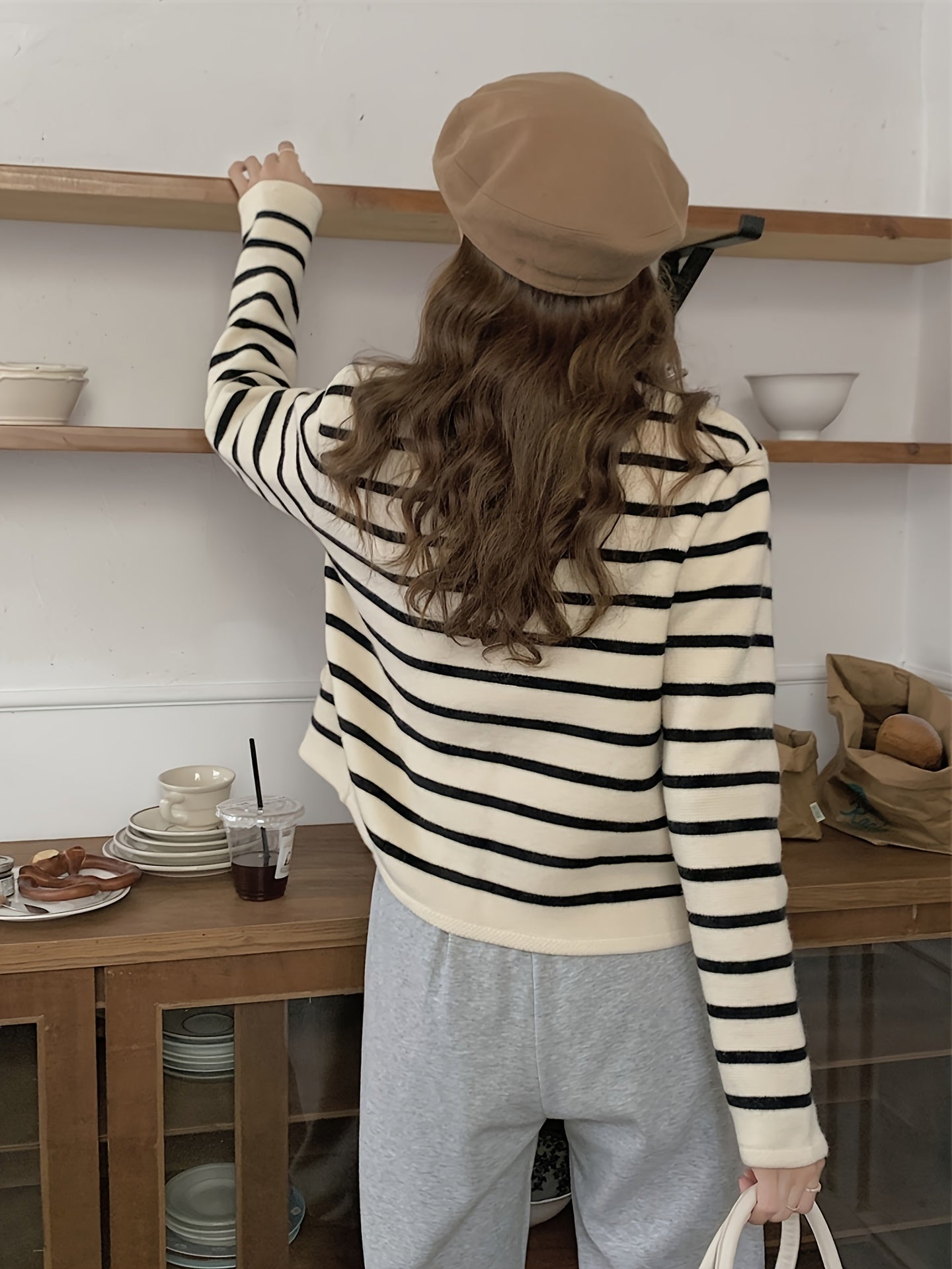 Stripe Pattern Button Front Cardigan, Chic Crew Neck Long Sleeve Cardigan For Fall & Winter, Women's Clothing