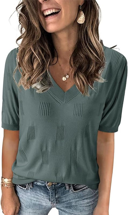 Cloz Womens Sweaters Soft Fall 2024 Fashion Versatile Dressy Blouse Short Sleeve Knit Lightweight Tops Summer Trendy