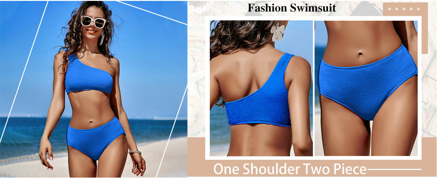 Women One Shoulder Bikini Set High Waisted Tummy Control Full Coverage Swimsuit Ribbed 2 Piece Bathing Suit 2025 - Seldom Seen Styles