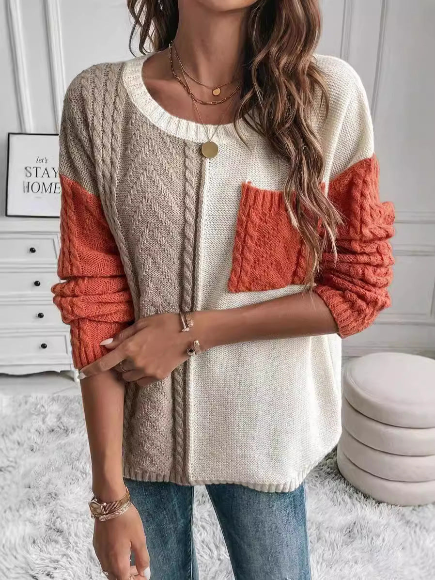 Amazon New Sweater European and American Women's Clothing Casual Patchwork Pocket Pullover Sweater Top Women's Sweater