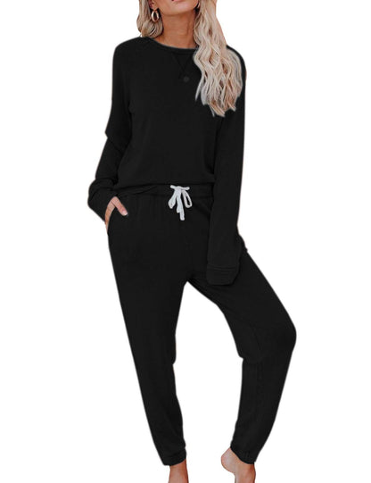 Damen Solides Trainingsanzug-Set, 2-teilig, Langarmpullover und Jogginghose mit Kordelzug, Sport-Outfit-Sets