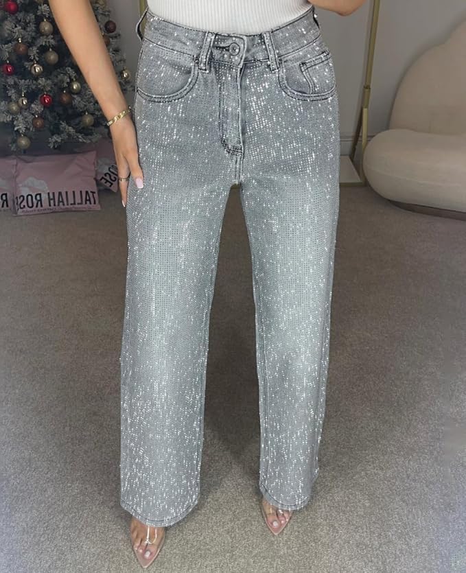 High Waisted Diamanté Straight Leg Jeans - Seldom Seen Styles