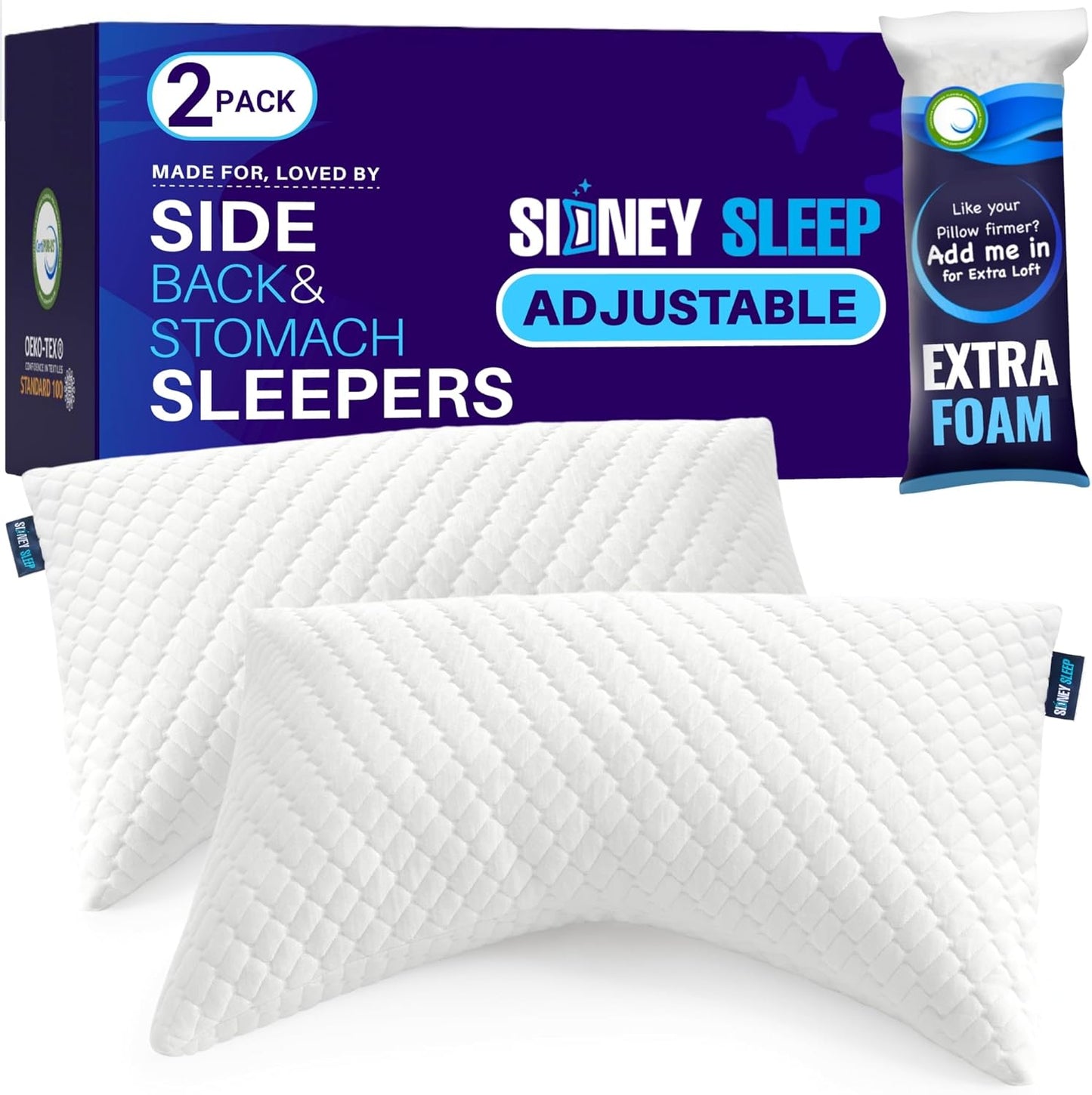 Sidney Sleep Adjustable Curved Contour Fill Pillow – Queen Size – for Side and Back Sleepers – Neck & Shoulder Comfort Support – Extra Fill Included (White) - Seldom Seen Styles
