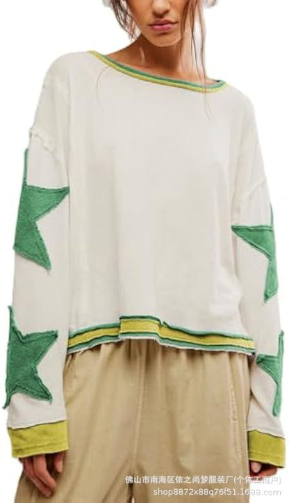 Damen Sommer Lose T-Shirt Stern Patch Langarm Rundhals Casual Tops Streetwear