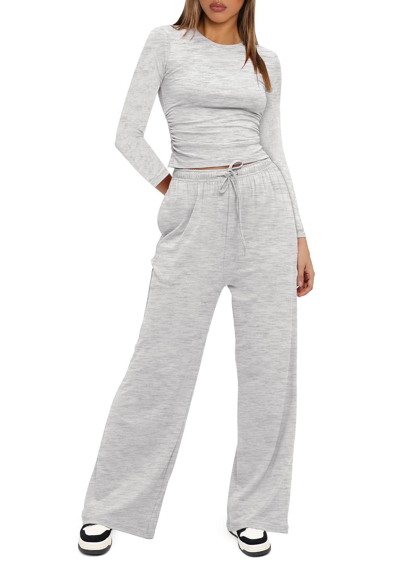 Two-piece Set Women's Solid Ruched Tee & Drawstring Pocket Pants Pajamas Set, Casual Long Sleeve T-shirt & Elastic Waist Trousers, Ladies Sleepwear  Loungewear for All Seasons - Seldom Seen Styles