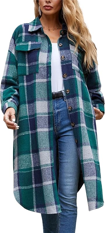 Women Fall Flannel Plaid Shacket Jacket Oversized Button Down Long Shirt Jacket