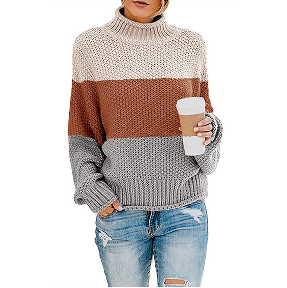 2024Cross-Border wish New Autumn and Winter Sweaters Knitwear Foreign Trade Women's Clothing Amazon Thick Thread Color Matching Turtleneck Pullover