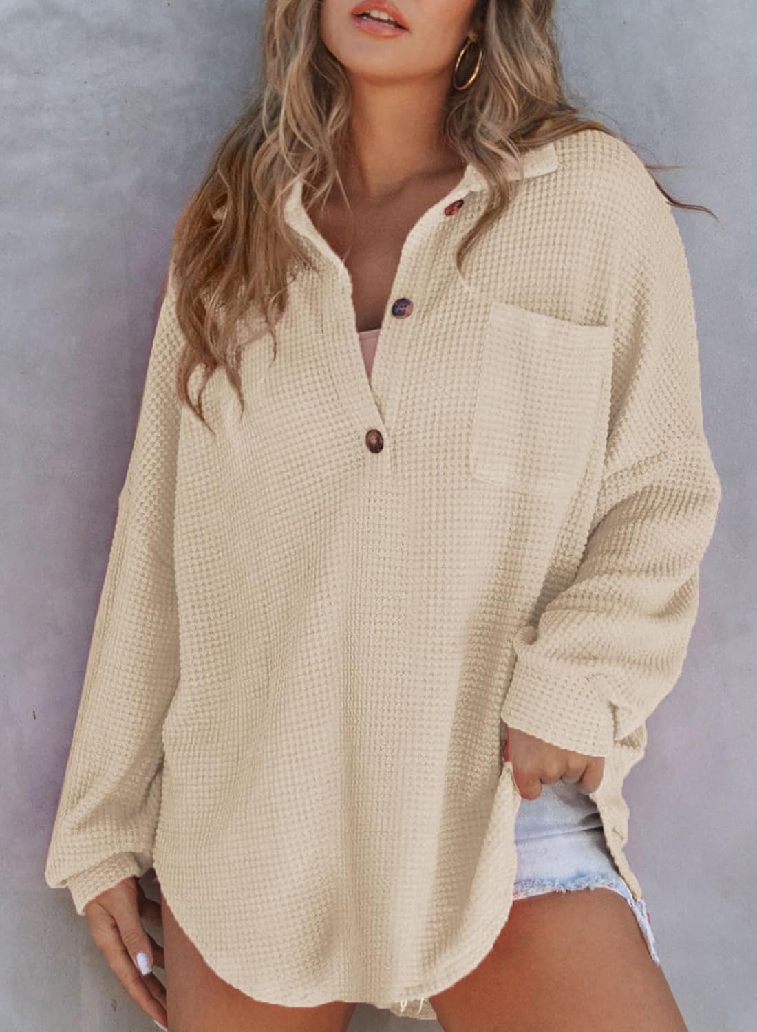 Women Waffle Knit Tops Henley Shirts Long Sleeve V Neck Solid Color Casual Tunic