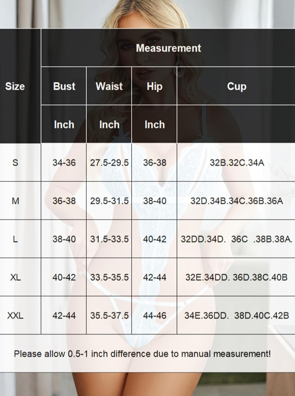 Size chart for lace crotchless teddy bodysuit with bust, waist, hip, cup