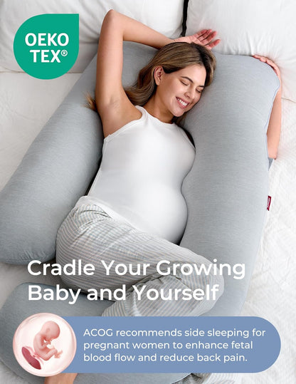 Oreillers de grossesse Momcozy avec housse rafraîchissante, oreiller de maternité intégral en forme de U pour dormeurs latéraux 145 cm - Soutien du dos, des hanches, du ventre et des jambes pour les femmes enceintes