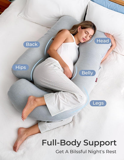 Oreillers de grossesse Momcozy avec housse rafraîchissante, oreiller de maternité intégral en forme de U pour dormeurs latéraux 145 cm - Soutien du dos, des hanches, du ventre et des jambes pour les femmes enceintes