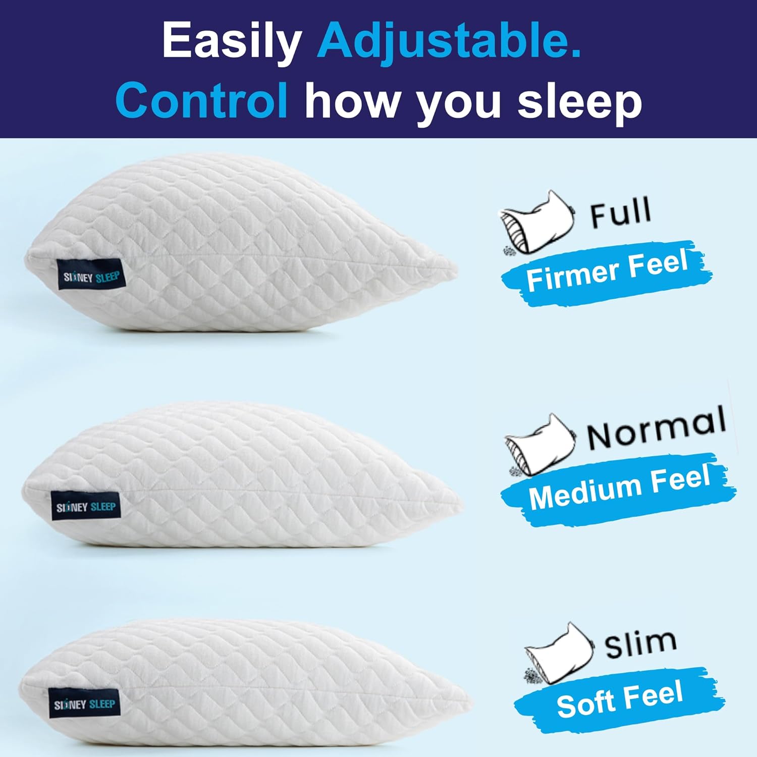 Sidney Sleep Adjustable Curved Contour Fill Pillow – Queen Size – for Side and Back Sleepers – Neck & Shoulder Comfort Support – Extra Fill Included (White) - Seldom Seen Styles