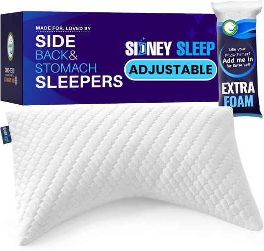 Sidney Sleep Adjustable Curved Contour Fill Pillow – Queen Size – for Side and Back Sleepers – Neck & Shoulder Comfort Support – Extra Fill Included (White) - Seldom Seen Styles