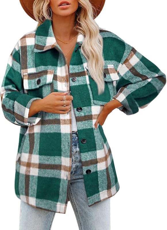 BTFBM Women Long Sleeve Button Down Jackets Plaid Flannel Shirts Tops Casual Lapel V Neck Oversized Shackets Blouses Top