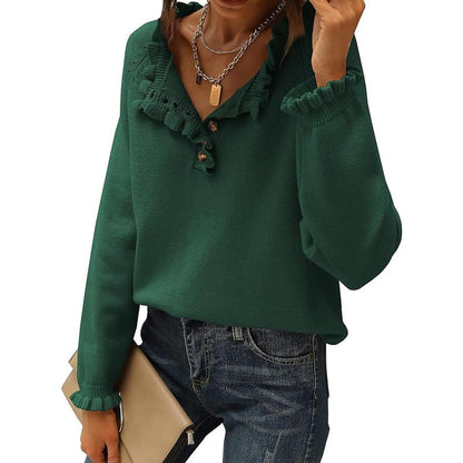 Women's Knit Pullover Sweater Tops - Casual Long Sleeve Button Down Crew Neck Ruffle Solid Color Striped - Knitwear, Womenswear