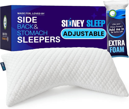 Sidney Sleep Adjustable Curved Contour Fill Pillow – Queen Size – for Side and Back Sleepers – Neck & Shoulder Comfort Support – Extra Fill Included (White)
