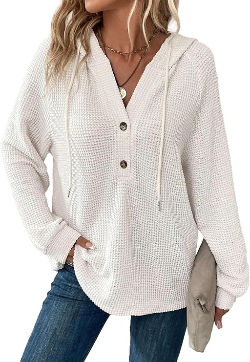 Hoodies for Women Waffle Knit Drawstring Button V Neck Long Sleeve Casual Pullover Sweatshirt Hooded Tops