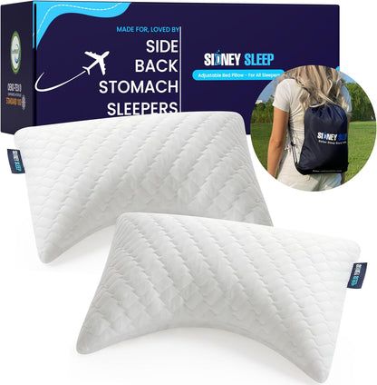 Sidney Sleep Adjustable Curved Contour Fill Pillow – Queen Size – for Side and Back Sleepers – Neck & Shoulder Comfort Support – Extra Fill Included (White)