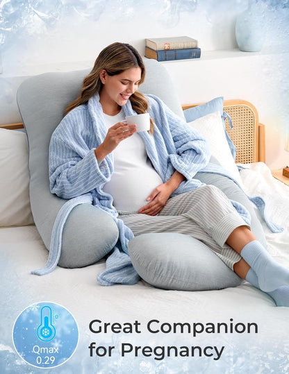 Oreillers de grossesse Momcozy avec housse rafraîchissante, oreiller de maternité intégral en forme de U pour dormeurs latéraux 145 cm - Soutien du dos, des hanches, du ventre et des jambes pour les femmes enceintes