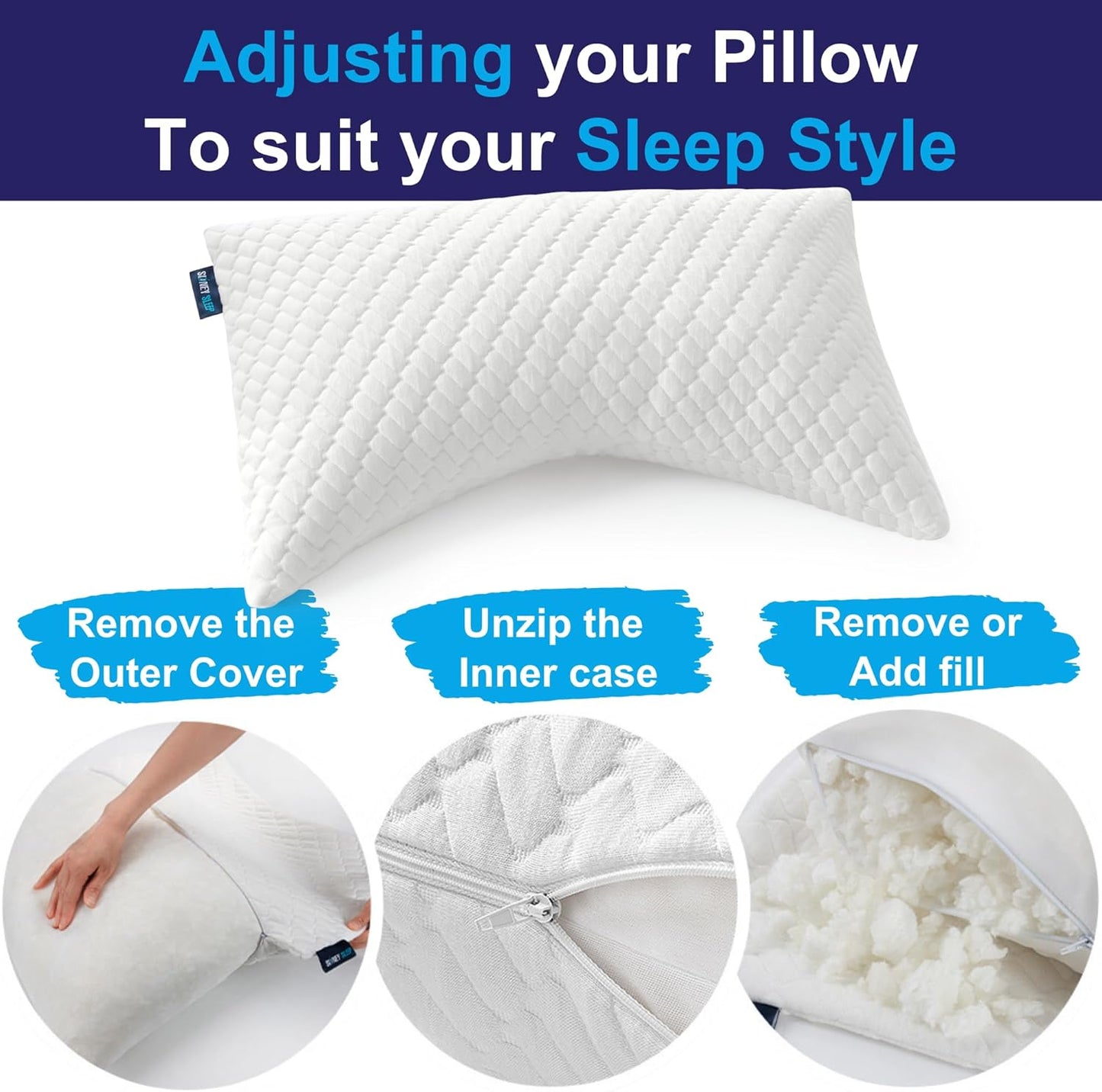 Sidney Sleep Adjustable Curved Contour Fill Pillow – Queen Size – for Side and Back Sleepers – Neck & Shoulder Comfort Support – Extra Fill Included (White) - Seldom Seen Styles
