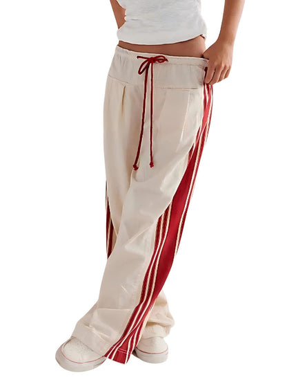 Women Y2k Track Pants Side Striped Wide Leg Baggy Pants Casual Drawstring Waist Parachute Sweatpants Streetwear